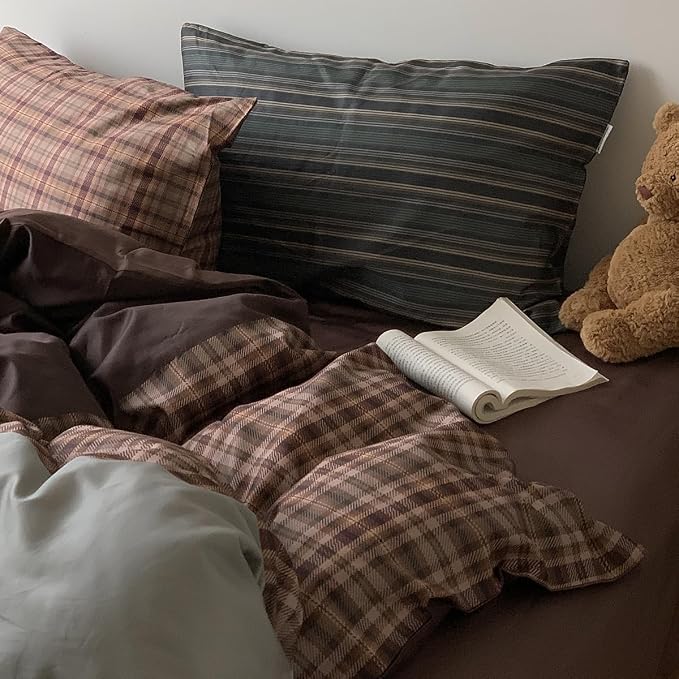 Sedefen Brown Gingham Duvet Cover 3 Pcs Queen Size Dark Brown Plaid Bedding Set Kids Boys Girls Coffee Vintage Checked Soft Microfiber Breathable Duvet Cover Set with 2 Pillowcases