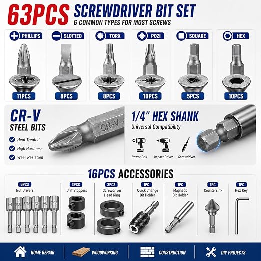 WORKPRO 455Pcs Drill Bit Set, 105-Piece Drill & Screwdriver Bit w/ 350 Screws Combo Kit, All-in-One Double Sided Power Tool Accessory Set Gift for DIY Home Repair & Masonry