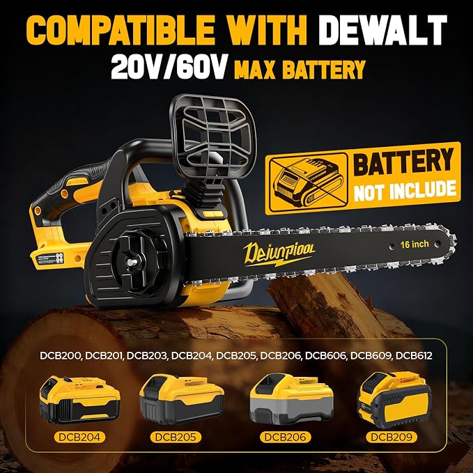 16 Inch Electric Chainsaw Compatible with Dewalt 20V/60V MAX Battery (Tool Only), Brushless Cordless Chainsaw with Auto Oiler, Battery Level Screen, 3 Chains, Handheld Pruning Saw for Tree Branch
