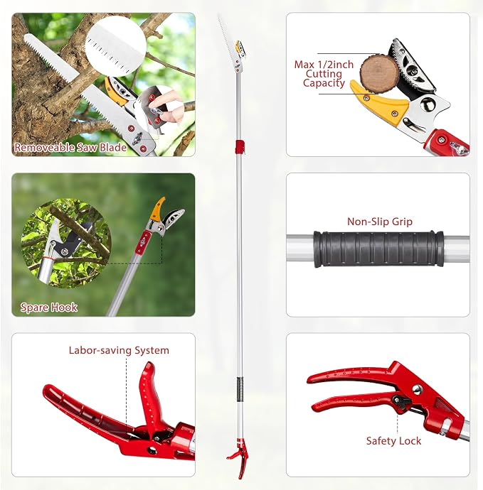 VINGLI 4-in-1 Telescopic Tree Trimmer, Extendable Pole Pruner with Adjustable Handle, Safety Lock & Removable Saw Blade, Branch Cutter, Fruit Picker, Cutting Diameter Up to 1/2 Inch (5.9-9.8FT)