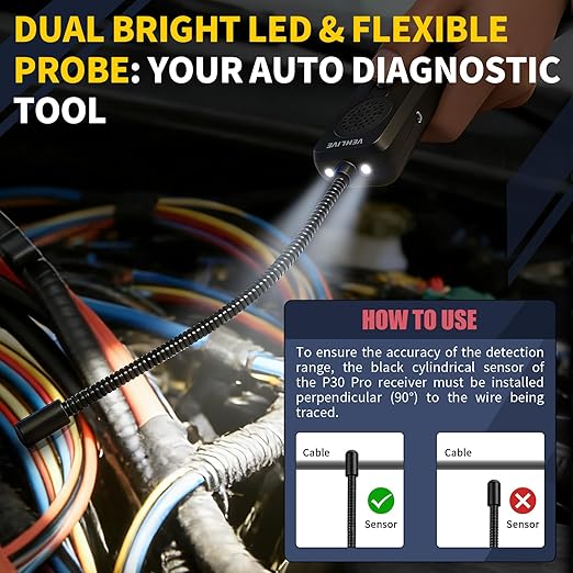 P30 Pro Circuit Tracer, Automotive Electrical Open & Short Finder, Fault Probe Cable Tester, Diagnostic Tool for Vehicle Wiring Repair, Cable Toner for DC 6-42V (with Battery)