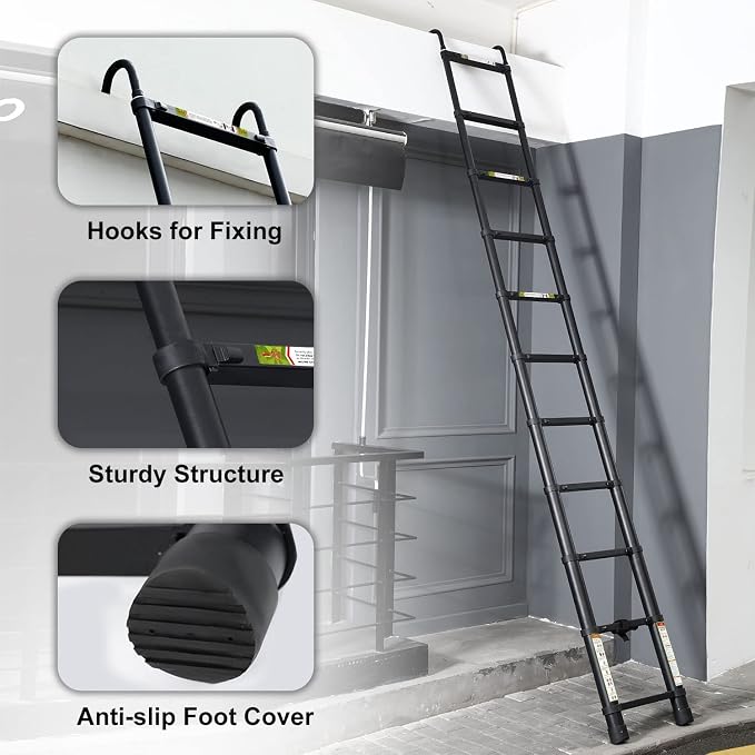 RIKADE Telescopic Ladder, 16.5 ft Aluminum Telescoping Ladder with Non-Slip Feet and Stable Hook, Portable Extension Ladder for Household and Outdoor Working, Max Load 330 lb, Black