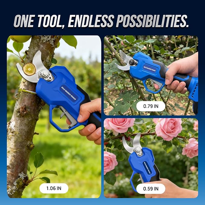 Wild Badger Power 1.06" 20V Electric Pruning Shears Cordless,Brushless Motor Battery Powered Pruner for Gardening, Cutting Capacity Heavy Duty Tree Trimmer Branch Cutter,2600 cuts per charge