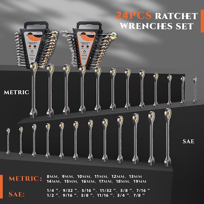 SUZUME 24-Piece Ratchet Wrenches Set Metric & SAE (8-19mm) & (1/4" - 7/8") | Box end Combination Wrench Set CR-V 72-Tooth for Auto Car Moto Bike Workshop Stubborn Fastener Mechanic DIYer with Organizer