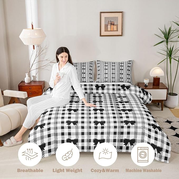 Feelyou Bow Checkered Comforter Set King Size Chic Grid Bowknot Bedding Set for Kids Boys Girls Girly Black Duvet Quilt Bedroom Decor Microfiber 3 Pcs with 2 Pillow Cases