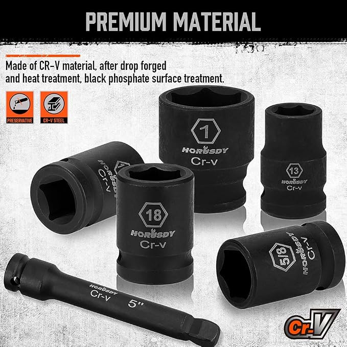 HORUSDY 1/2" Drive Shallow Impact Socket Set, 24-Piece SAE (7/16"-1") and Metric (13-24mm), 6 Point, Cr-V, Includes 1/2-Inch Drive Ratchet Handle, Drive Extension Bar