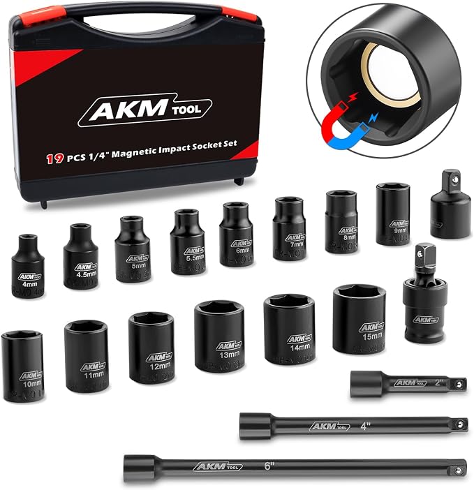 1/4 Inch Drive Magnetic Impact Socket Set, 19-Piece Metric, 4mm-15mm, 6 Point, Cr-Mo, Square Drive, Magnetic Socket with Adapter, Universal Joint & Extension