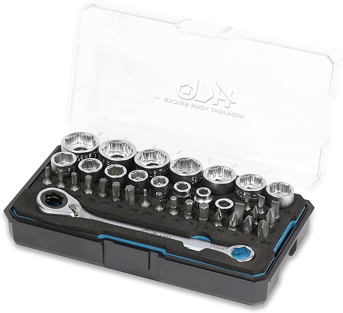 HB Pass Thru 120-Tooth Low Profile Ratchet Wrench Set 38 Piece Non Slip Sockets for Rounded or Standard Bolts with Star Bits Chrome Vanadium Steel Portable EVA Case Made in Taiwan AGM025-G | 120-tooth ratchet, 3° arc swing, pass-thru low profile socket...