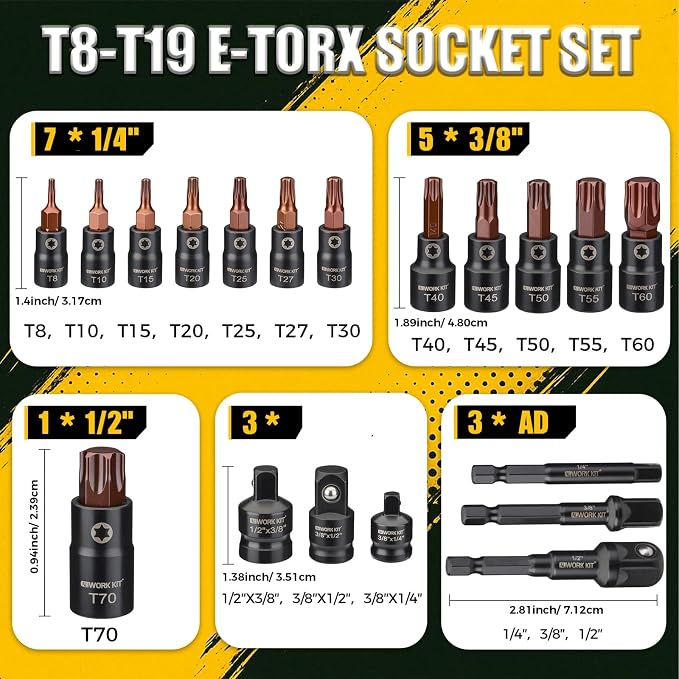 19-Piece Torx Bit Socket Set T8-T70, 1/4", 3/8" And 1/2" Drive, S2 Steel 6 Point Star Bits, CR-V Sockets and 3 Adapter Storage Case for Hand Use Work on Cars, Trucks