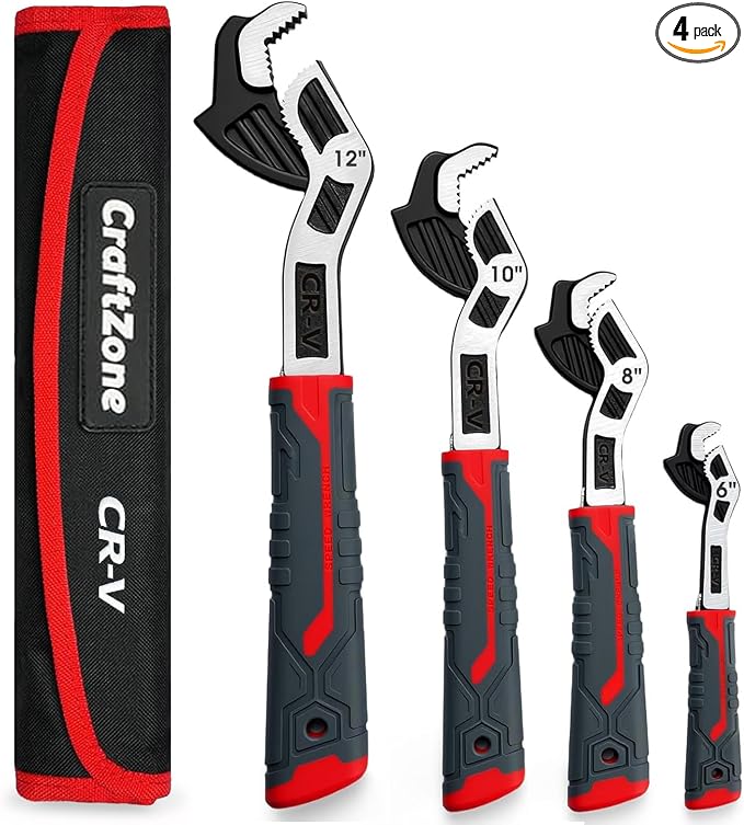 Self Adjusting Pipe Wrench, 6”8”10”12” Self Locking Wrench Set with Forged Double Threaded Jaws for Pipes Nuts Bolts and Plumbing Repair