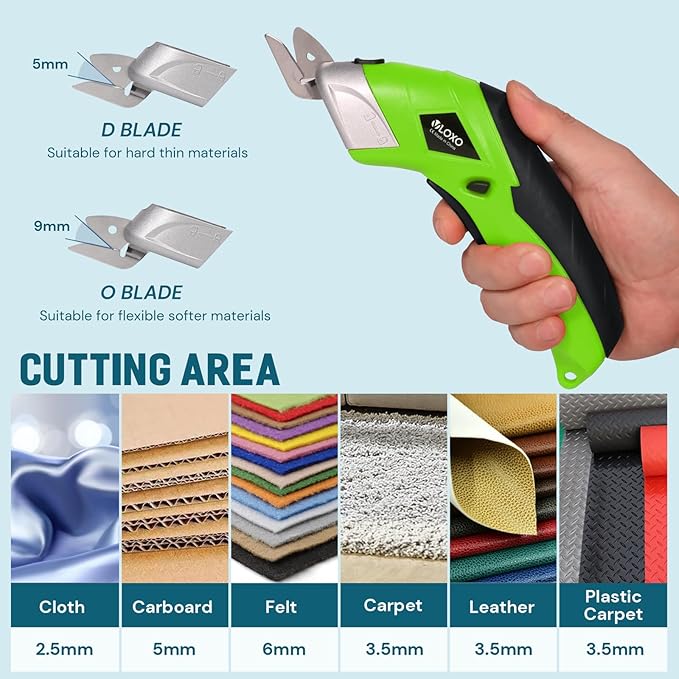 Cordless Electric Scissors, VLOXO Cardboard Cutter Electric Fabric Scissors with Blades Rechargeable Powerful Fabric Cutter for Crafts Leather Carboard Carpet Plastic Felt with Case Green CS4001