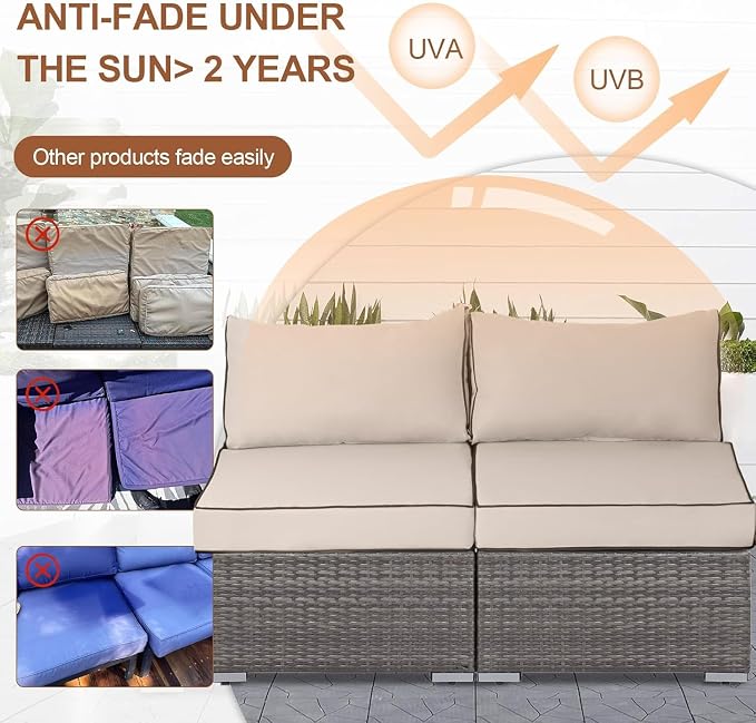 14 Piece Outdoor Furniture Replacement Cushions, Cover+Filling, 25.6" x 25.6" x 4" Foam Waterproof Outdoor Sofa Cushion Sets, Fit Wicker Rattan Sectional Conversation Set,Cream+Black Piping