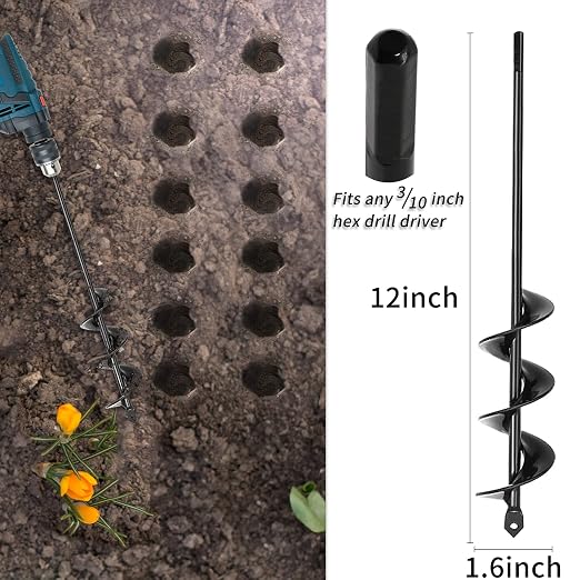TCBWFY Auger Drill Bit for Planting,1.6"x12"Solid Shaft Garden Auger Drill Bit with Extensive Spirals,Spiral Hole Drill Bit for Planting Bulbs,Flowers,Post Holes,Earth Auger for 3/8"Hex Drive Drill