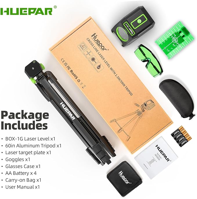 Laser Level with 60in Tripod, Huepar 150°/150Ft Self Leveling Lazer Leveler Tool with Pulse Mode (197Ft), Switchable Green Cross Line for Picture Hanging, Tile, DIY/Construction Project