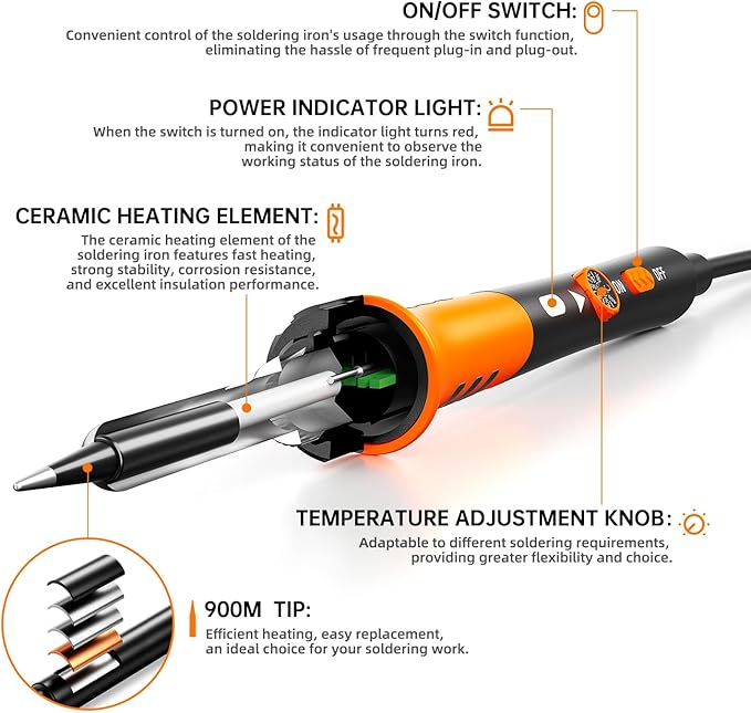 60W Adjustable Temperature Soldering Iron Kit - 9-in-1 With 5 Tips, Solder Wire Stand for Soldering and Repair