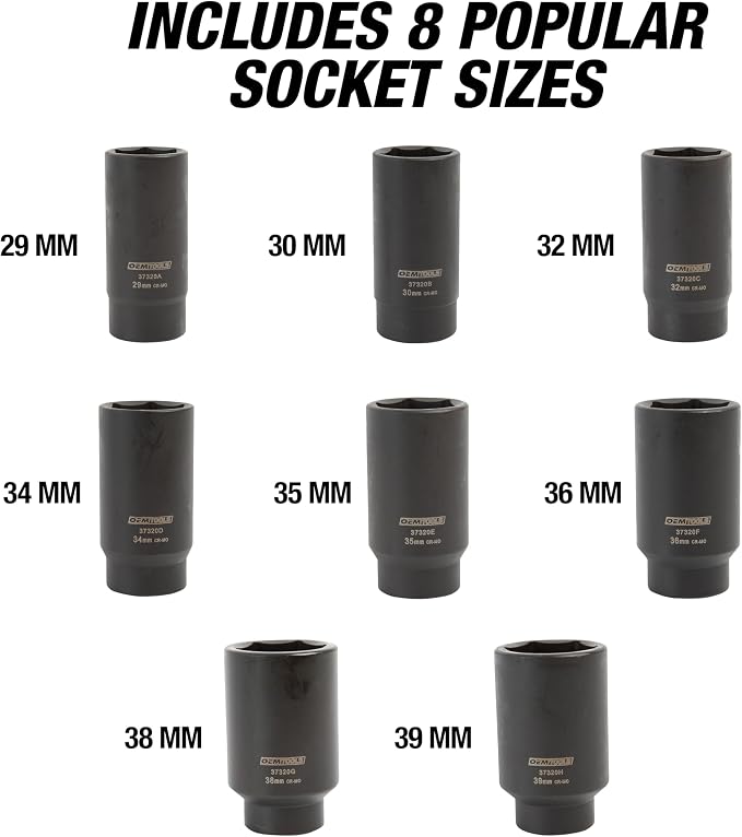 OEMTOOLS 8 Piece 6 Point 1/2 Inch Drive Axle Nut Socket Set with Case | 1/2" Drive Impact Set 29mm-39mm, Cr-Mo Steel Metric Socket Set, Precision-Machined Deep Impact Sockets, Black Oxide Finish