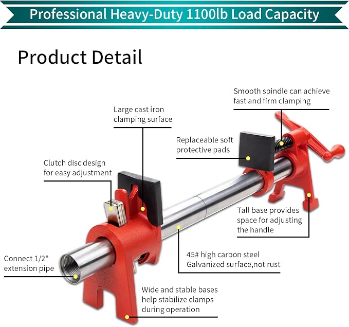 2-Pack 1/2"x24" Wood Gluing Pipe Clamp Fixture for Woodworking | 1/2" H-Style Heavy Duty Cast Iron Pipe Clamp Set with Extension Pipe for Cabinet Furniture Carpentry, 1100LBS Load Limit