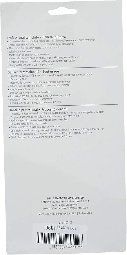 Staedtler Template, Geometric Shapes/Symbols, Protractor, Inch Scale, 9.5 x 5.5 Inches (977102)