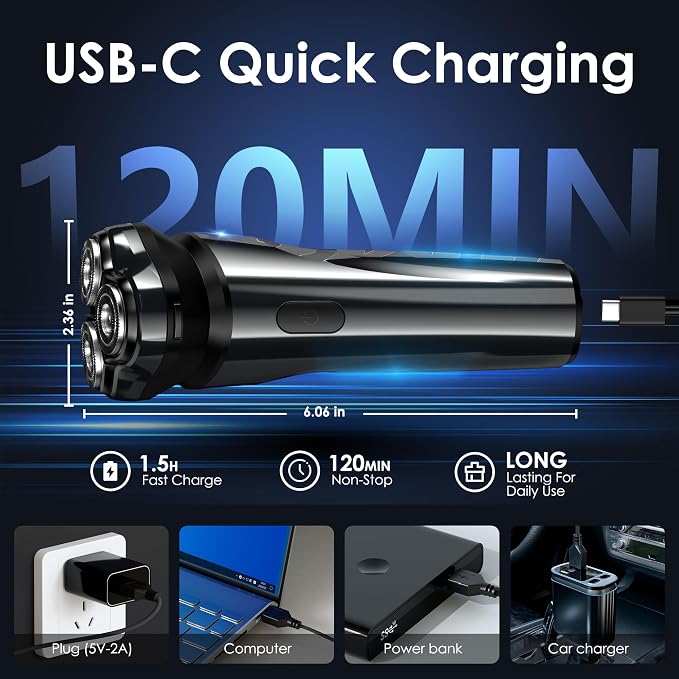 Electric Rechargeable Shaver for Men,Wet & Dry Electric Razor, IPX7 Waterproof Rotary Shaver for Men,4D Floating Head, LED Display,Type-C, Travel-Friendly,Black Silver
