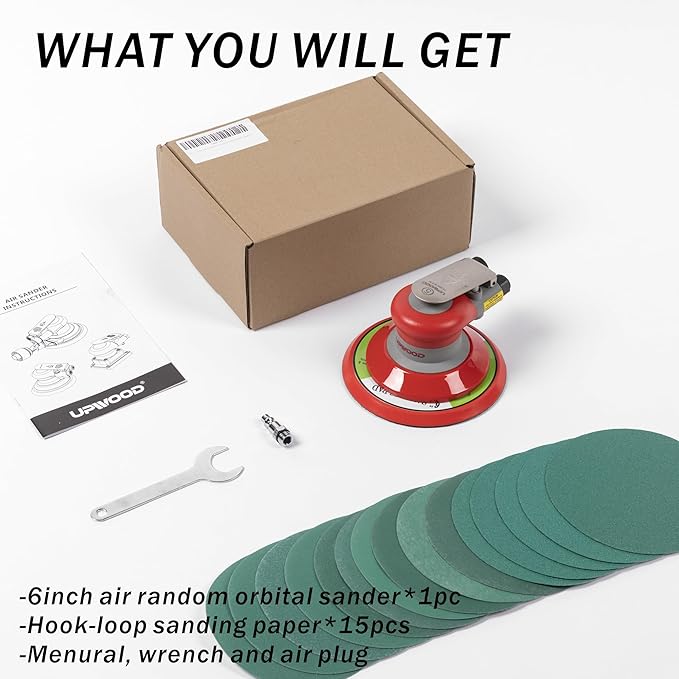 Pneumatic random orbital sander 6-inch light weight palm sander 3/16" (5 mm) diameter orbit 12000 RPM with extra 15pcs sandpaper