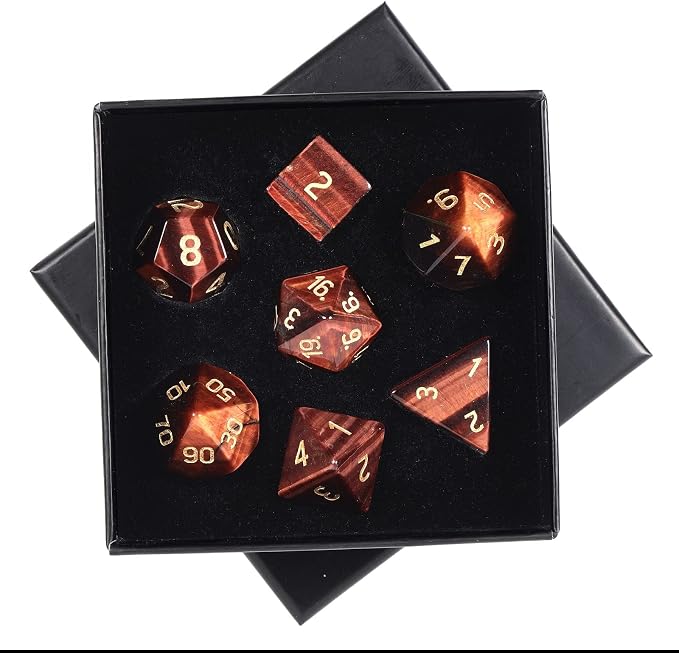 mookaitedecor 7 PCS Red Tiger's Eye Crystal Polyhedral DND Dice Set, Polished Tumbled Stones Dices for RPG MTG Table Games Home Decoration