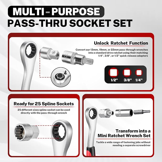 BILITOOLS 47 PCS Pass Through Socket Set with 1/4" & 3/8" & 1/2" Drive | Convertible Ratchet Wrenches (13/19/22mm), Spline Sockets and Bits, Pass Thru Go Through Mechanics Tools Set For Tight Spaces