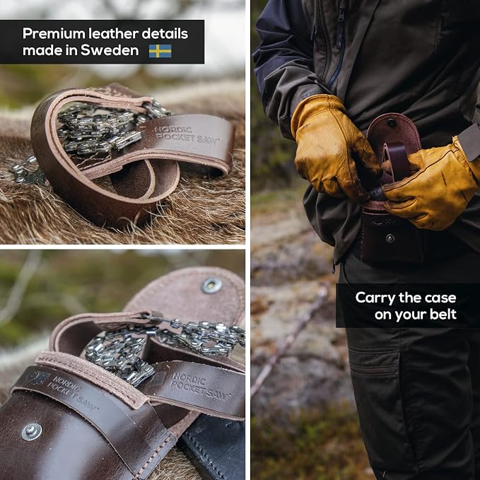 Nordic Pocket Saw for Camping - 25.6 Inch Pocket Chainsaw with 33 Bi-Directional Teeth - Made in Sweden with Organic Leather Handles and Case- Survival Saw and Emergency Saw for Clearing Trails