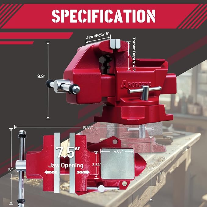 8"Bench Vise, 7.5"Jaw Opening 210° Swivel Base 4.5" Throat Depth