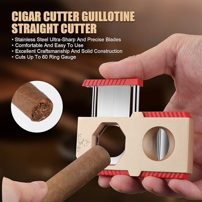 XIFEI Cigar Cutter V-Cut Guillotine 3 in 1 Straight Cut V Cutter with Cigar Punch Stainless Steel Blade Ergonomic Design Secure-Lock Cigar Clipper,Cuts Up to 60 Ring Gauge Cigars (Gold)