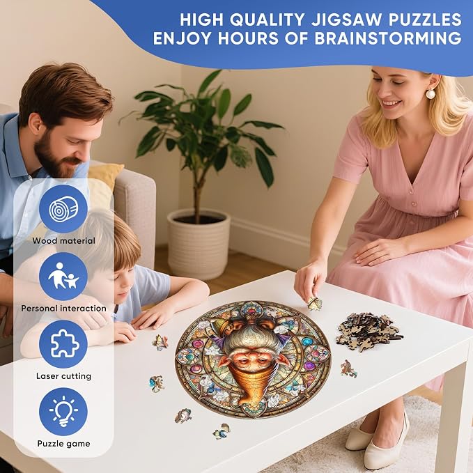 Pikoqunc Wooden Jigsaw Puzzles for Adults, 200 Piece Gnome Puzzle Round Wood Jigsaw with Unique Shapes, Fantasy Stained Glass Elf Jigsaw, Vintage Wood Puzzles, Gifts Home Deco 11.2x11.2 in
