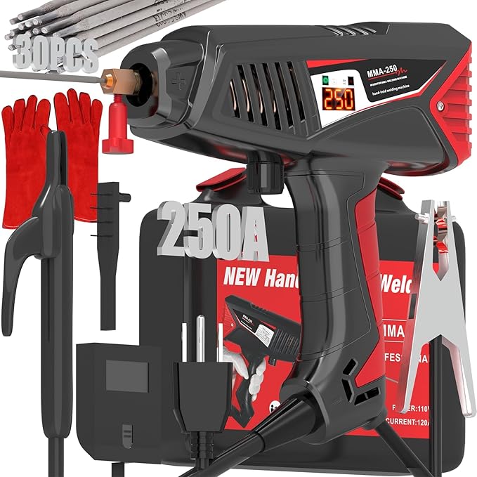 Runtoo Handheld Welder, Welder Machine 110V Hand Held Welder Gun 20-250A, 30 PCS Rods Portable Welding Machine, 1/16"-1/8" Stick Welder, 2-in-1 MMA IGBT Inverter ARC Welder with Digital Display