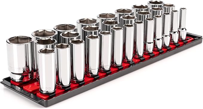 TEKTON 1/2 Inch Drive 6-Point Socket Set, 29-Piece | SHD92125 | (10 - 38 mm), Deep, Socket Rail