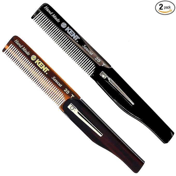 Kent 20T Handmade Folding Pocket Comb for Men, Fine Tooth Hair Comb Straightener for Everyday Grooming Styling Hair, Beard or Mustache, Use Dry or with Balms, Saw Cut Hand Polished, Made in England