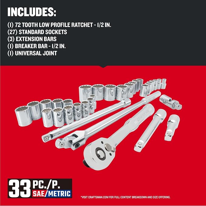 CRAFTSMAN Mechanics Tool Set, 33 Piece, 1/2 Inch Drive SAE/Metric (CMMT12122)