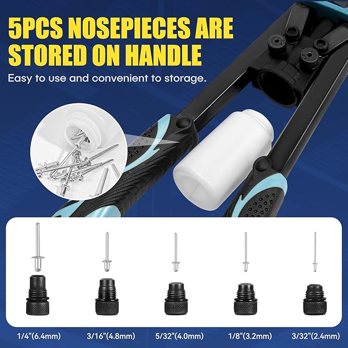 13" Rivet Gun, 1/4 Pop Rivet Gun with 100 Pcs Rivets, Manual Hand Heavy Duty Riveter with 5 Nosepieces for Plastic Metal,Aluminum, Plastic, Tube Stock,Gutter & Automotive.