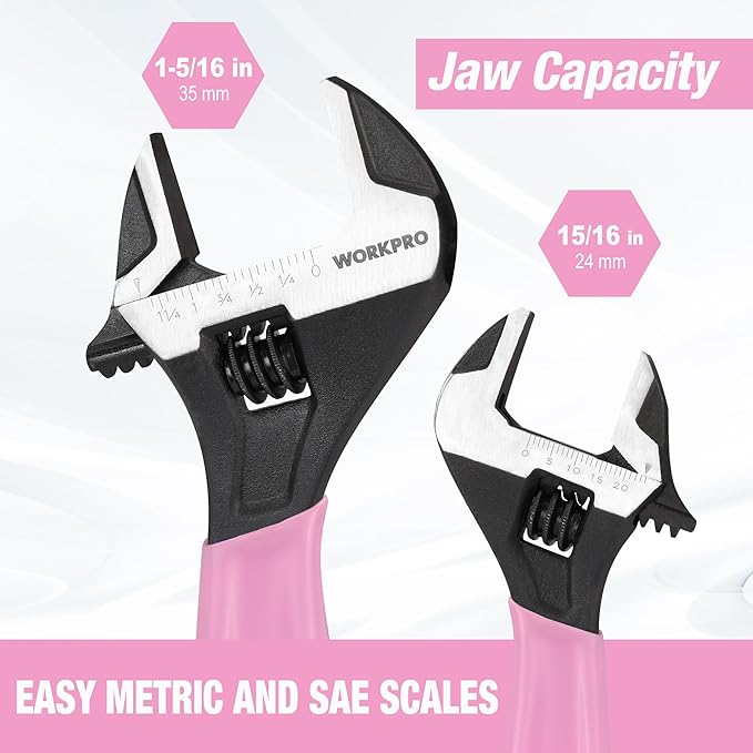 WORKPRO 2 PCS Pink Adjustable Wrench Set, 6-Inch & 10-Inch Wrenches, Wide Jaw Black Oxide Wrench, Metric & SAE Scales, Cr-V Steel, for Home, Garage, Workshop-Pink Ribbon