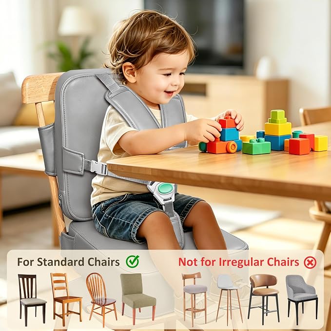 Toddler Booster Seat for Dining Table,Kitchen Chair Booster Cushion | Non-Slip Booster Seat with Backrest and 5 Piont Harness, PU Waterproof Travel Baby Booster Increasing Cushion