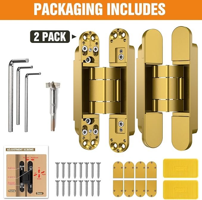 6" Hidden Door Hinge/Concealed Hinges,Invisible Hinges,Invisible Door Silent 180 Degree Swing Hinge 3-Way Adjustable Butt 6 x 2.5 x 1inch (Golden, 6 inches)