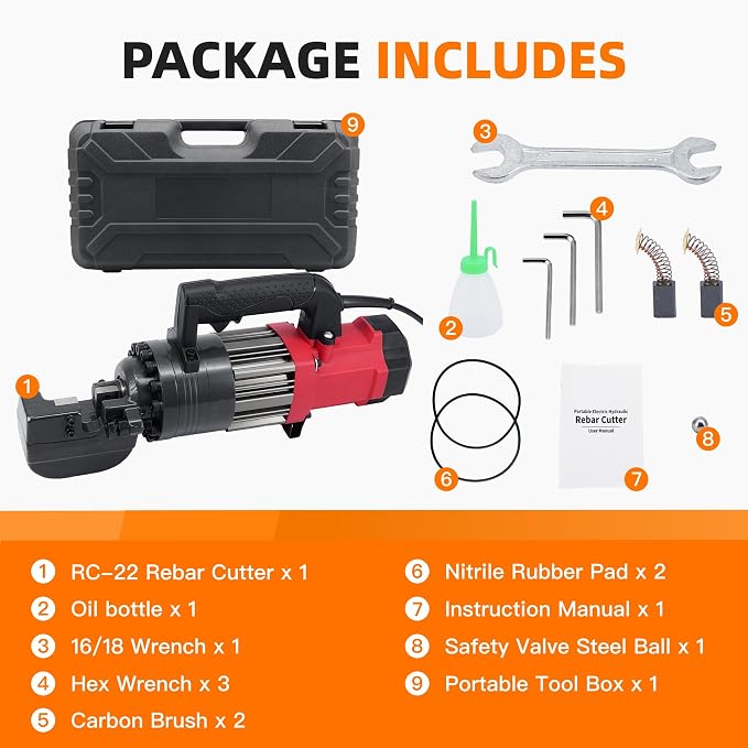 RC-22 1400W Electric Hydraulic Rebar Cutter Tool, Cuts 3/16"(5mm)–7/8"(22mm) #7 Rebar, Fast 2–3s Cutting Speed, 110V Portable Rebar Shear Machine with Pure Copper Motor and Toolbox