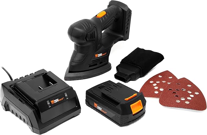 WEN Cordless Palm Sander with 20V Max 2.0 Ah Lithium-Ion Battery and Charger (20401) Black