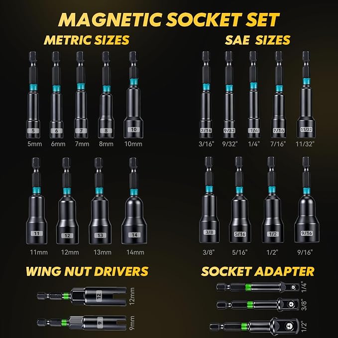 54-Pc Impact Magnetic Nut Driver Set, 1/4" Hex Bits Sockets SAE/Metric | Bluebow Impact Driver Bits, Wing Nut Driver, Bit Holder, Socket Adapter, Quick-release Extension