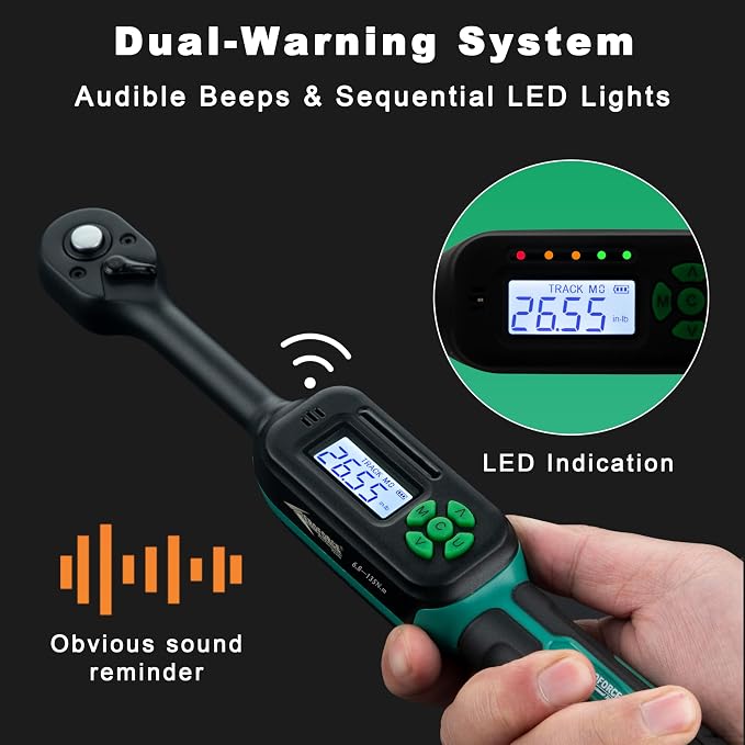 AEROFORCE Digital Torque Wrench - 3/8 Inch Drive Electric Torque Wrench (6.8-135Nm), Features Dual-Direction Ratchet, ±2% Accuracy, Buzzer & LED Alerts, 4-Measurement Unit (Nm/lb.ft/in.lb/kgf.cm)