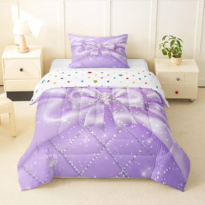 Feelyou Purple Bow Kids Comforter Set Toddler Size Geometry Bowknot Bedding Set Glitter Duvet Quilt for Kids Boys Girls Bedroom Decor Microfiber Ultra Soft Breathable