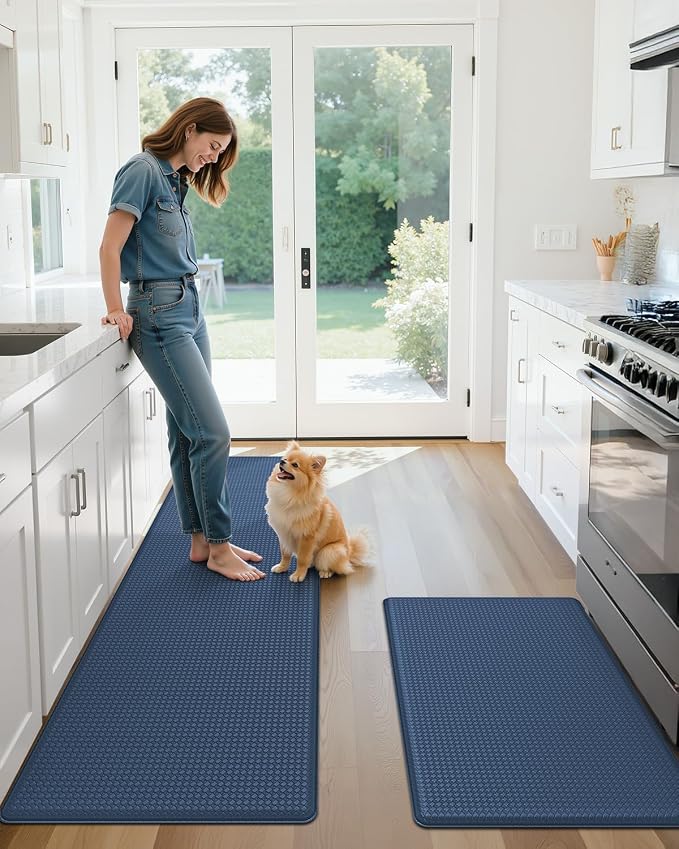 Color&Geometry Anti Fatigue Cushion Padded Kitchen Mat for Floor - 17x29+17x59,Easy Clean, Waterproof & Oil Proof, Anti Slip, Foam Rubber Runner Rug for Front Sink Comfort Standing, Blue Set of 2