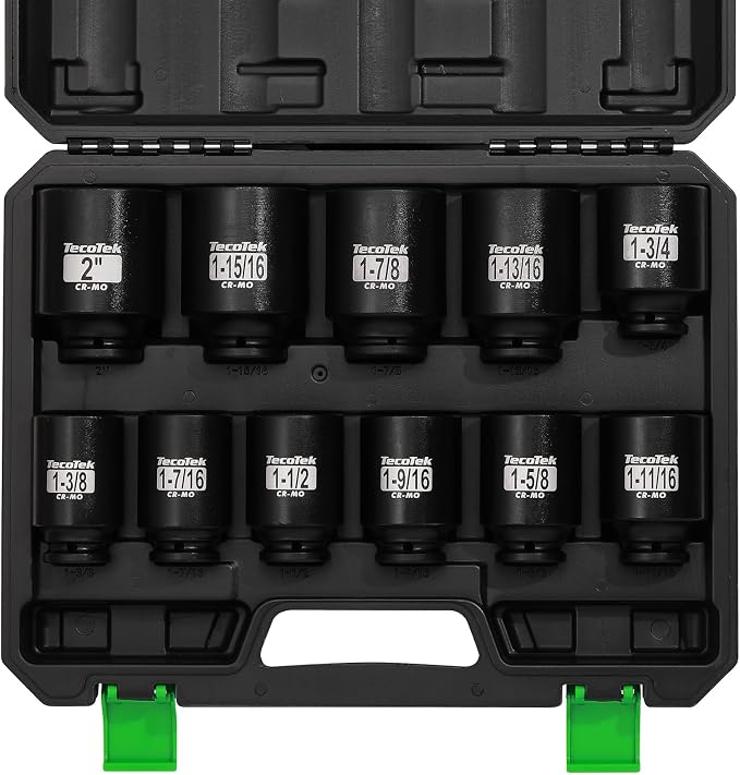 TecoTek 1/2" Drive Deep 6-Point Impact Socket Set, 11-Piece Standard SAE Spindle Axle Nut Impact Socket Set, Cr-Mo, 1-3/8-Inch to 2-Inch Size