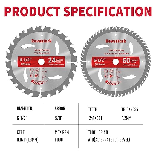 Circular Saw Blade 6-1/2" 24T&60T, Carbide Tipped Teeth, TCT Saw Blades for Cutting Various Wood, Plastic and Composite Materials, 5/8" Arbor, Fit Dewalt Craftsman Ryobi Milwaukee