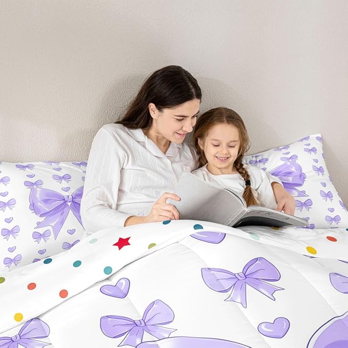 Feelyou Cute Purple Bow Comforter Set All Season Love Hearts Bowknot Bedding Set with 2 Pillow Cases Princess Bow Microfiber Kids King Bedclothes Bedroom Decor Duvet Quilt Breathable Soft Lightweight