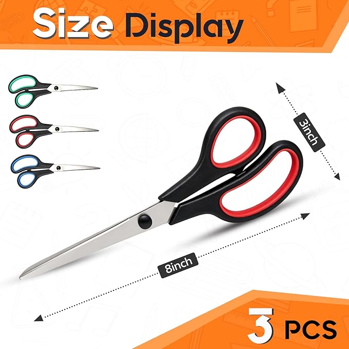 Scissors 8.5 Inch scissors all purpose for Office, Home, Sewing,and Crafts,Soft Comfort-Grip Right/Left Hand 3-Pack, Multicolor