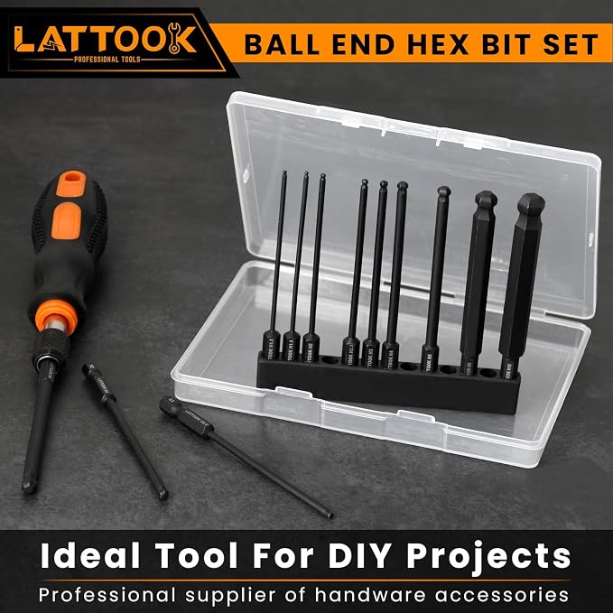 Metric Ball End Hex Bit Set with Quick Change Bit Driver | LATTOOK 12PCS Ball End Hex Head Allen Wrench Drill Bit Set, Allen Key Drill Bit Set, Magnetic S2 Steel, 4'' Long