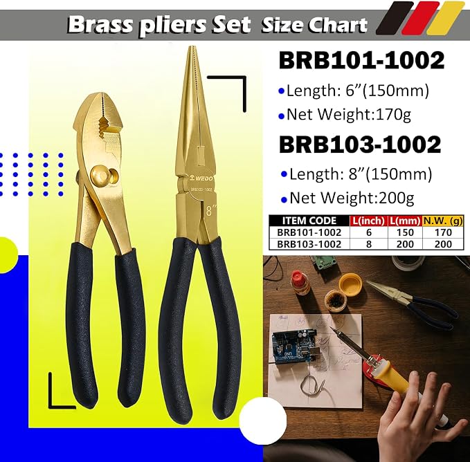 WEDO 2PCS Brass Pliers Set - 6" Slip Joint Pliers, 8" Long Nose Pliers with Non-Slip Handle,For Gripping, Loosening Nuts and Bolts, Cutting Steel Wire,Die-Forged,Corrosion Resistant